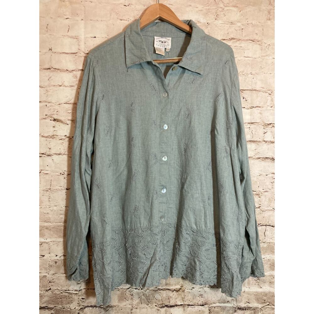 Country Wear Linen Top Womens 2X Slate Blue Button Up Floral Embroidered Lagom